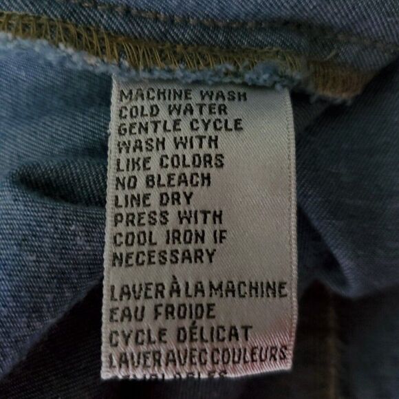 Y2K Womens Western Denim Shirt 14 L Pearl Snaps Pockets Cowgirl Rodeo Glam Blue - Picture 5 of 5